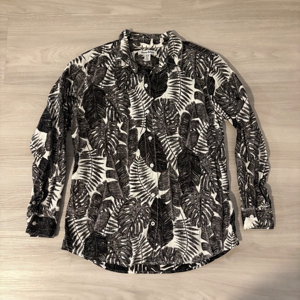 Tommy Bahama Shirt Mens Long Sleeve Button Up Black White Tropical Leaf Print M